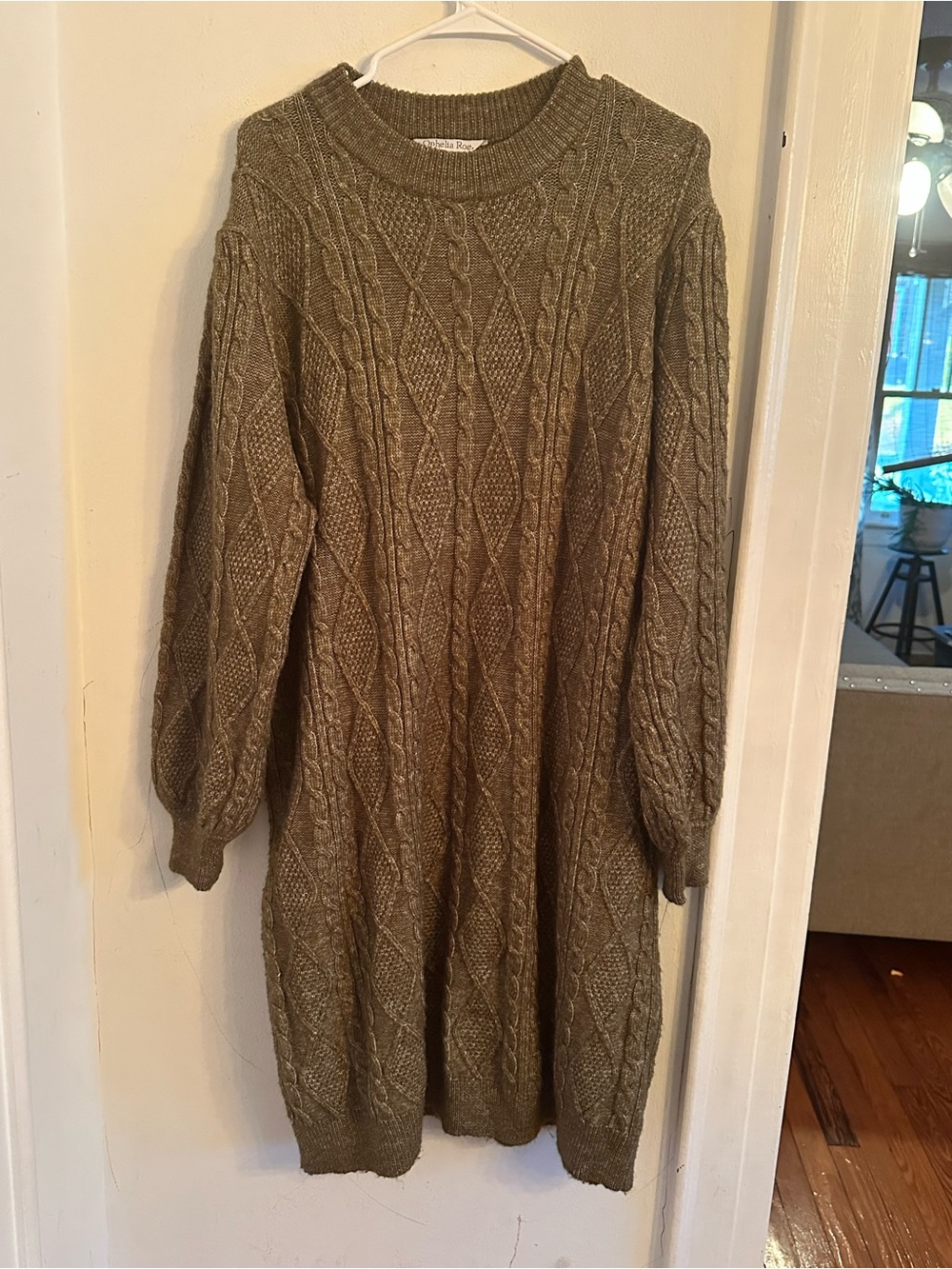 Olive Cable-Knit Crewneck Sweater Dress